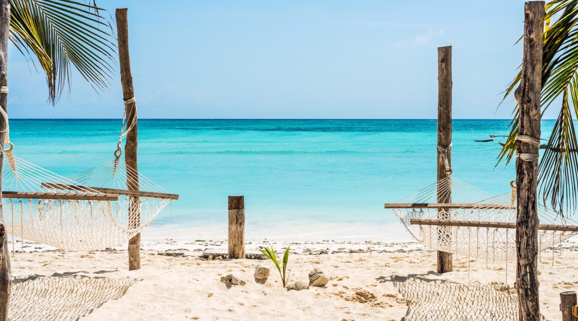 beautiful view of palm and hammocks on Zanzibar beach with blue sky and ocean on the background